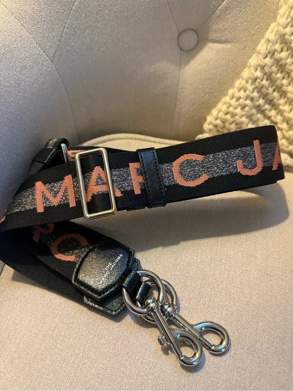 Marc Jacobs Black Strap with Pink Logo and Silver Hardware